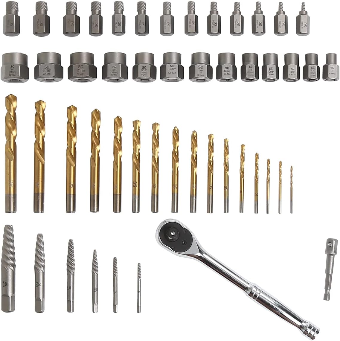 SharCreatives 50 Pieces Metric & SAE w/Bolt Extractor Set, Drill Bit Set, Multi-Spline Screw Extractor Set & Hex Adapter w/ 72 Tooth Ratchet Wrench for removing stripped, damaged bolts and screws