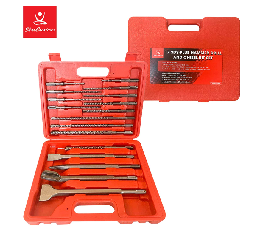 SharCreatives 17 Pieces SDS PLUS Rotary Hammer Drill Bits Set & Chisels with Storage Case for Drilling Concrete, Masonry, Bricks and Stone