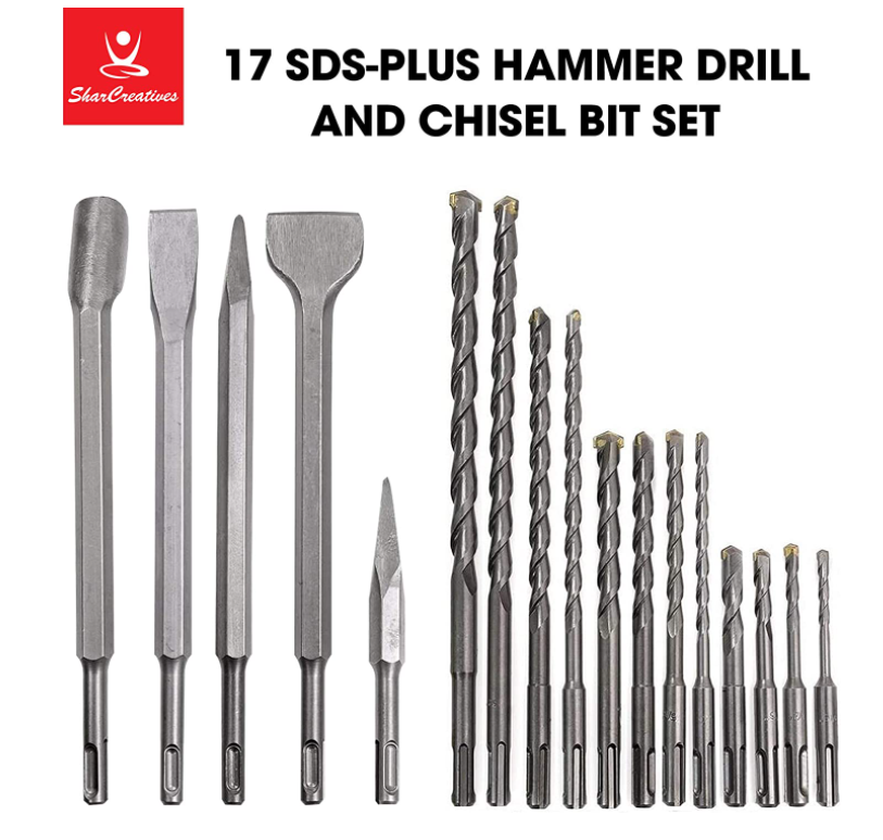 SharCreatives 17 Pieces SDS PLUS Rotary Hammer Drill Bits Set & Chisels with Storage Case for Drilling Concrete, Masonry, Bricks and Stone