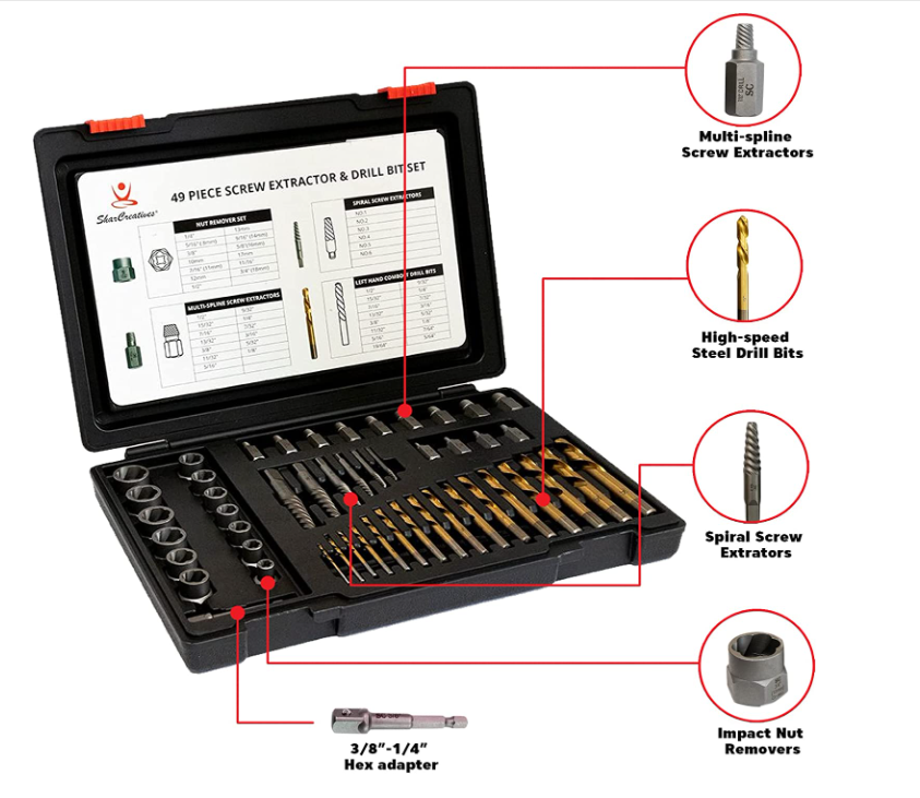 SharCreatives 49 Pieces Metric & SAE w/ Bolt Extractor Set, Drill Bit Set, Multi-Spline Screw Extractor Set & Hex Adapter for removing tricky, stripped, damaged, broken screws, bolts, studs, fittings