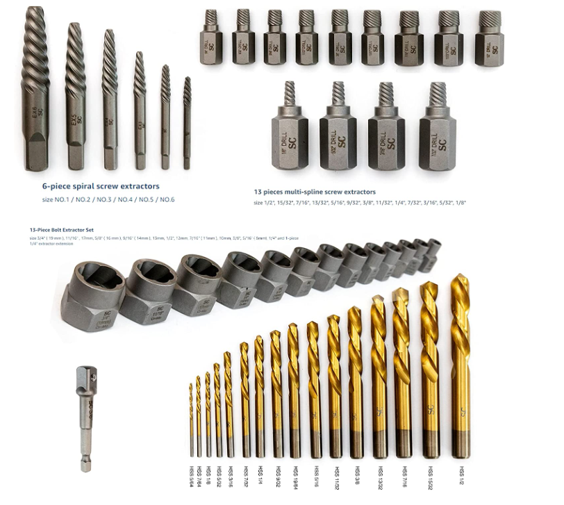 SharCreatives 49 Pieces Metric & SAE w/ Bolt Extractor Set, Drill Bit Set, Multi-Spline Screw Extractor Set & Hex Adapter for removing tricky, stripped, damaged, broken screws, bolts, studs, fittings