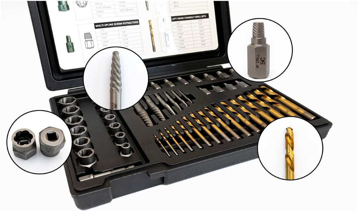 SharCreatives 49 Pieces Metric & SAE w/ Bolt Extractor Set, Drill Bit Set, Multi-Spline Screw Extractor Set & Hex Adapter for removing tricky, stripped, damaged, broken screws, bolts, studs, fittings