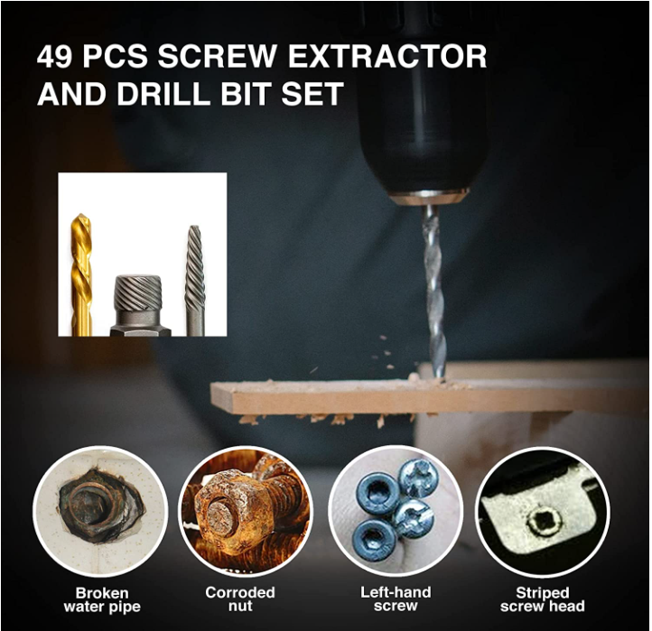 SharCreatives 49 Pieces Metric & SAE w/ Bolt Extractor Set, Drill Bit Set, Multi-Spline Screw Extractor Set & Hex Adapter for removing tricky, stripped, damaged, broken screws, bolts, studs, fittings