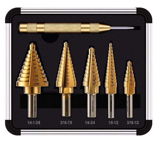 SharCreatives 6 Pieces Titanium Coated Straight Flute Step Drill Bit Set. 5 High Speed Steel Step Drill Bits and Automatic Center Punch in Aluminum Box 50 Sizes Total