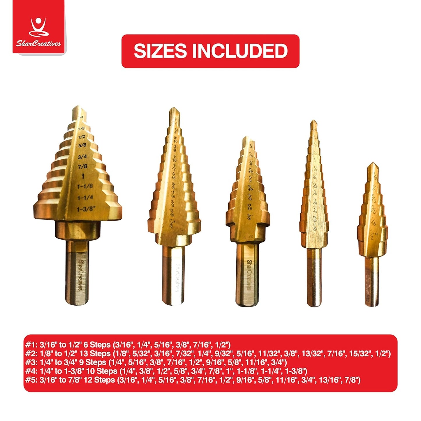 SharCreatives 6 Pieces Titanium Coated Straight Flute Step Drill Bit Set. 5 High Speed Steel Step Drill Bits and Automatic Center Punch in Aluminum Box 50 Sizes Total