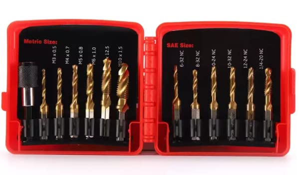 SharCreatives 13 pcs SAE and Metric Combination Drill & Tap Bit Set, 3-in-1 Titanium Coated Screw Tapping Bit Tool for Drilling, Tapping, Countersinking, with 1/4"Quick-Change Adapter