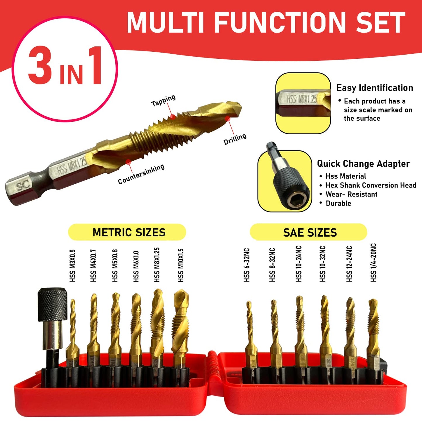 SharCreatives 13 pcs SAE and Metric Combination Drill & Tap Bit Set, 3-in-1 Titanium Coated Screw Tapping Bit Tool for Drilling, Tapping, Countersinking, with 1/4"Quick-Change Adapter