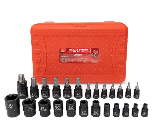 SharCreatives 25 Piece Torx Bit Socket Set, 12 Female E-Torx Sockets (E4-E22) and 13 Star Socket Bits (T8- T60)