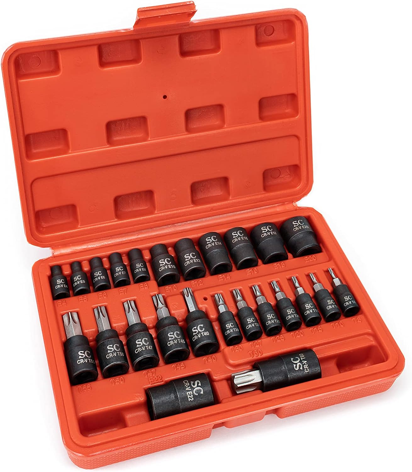 SharCreatives 25 Piece Torx Bit Socket Set, 12 Female E-Torx Sockets (E4-E22) and 13 Star Socket Bits (T8- T60)