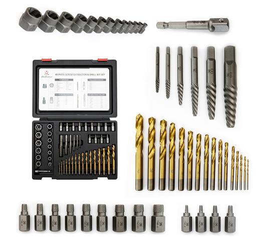 SharCreatives 49 Pieces Metric & SAE w/ Bolt Extractor Set, Drill Bit Set, Multi-Spline Screw Extractor Set & Hex Adapter for removing tricky, stripped, damaged, broken screws, bolts, studs, fittings