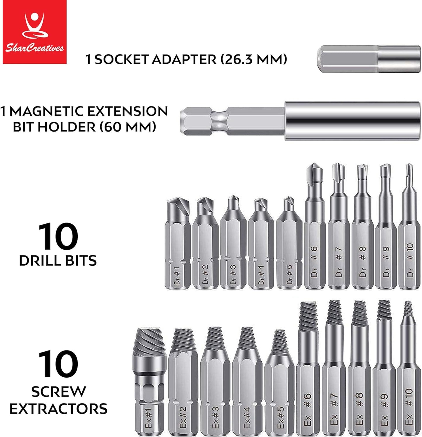 SharCreatives 22 Pieces Screw Extractor Set with Socket Adapter and Magnetic Extension Drill Bit Holder for removing Damaged Screws and Broken Bolts