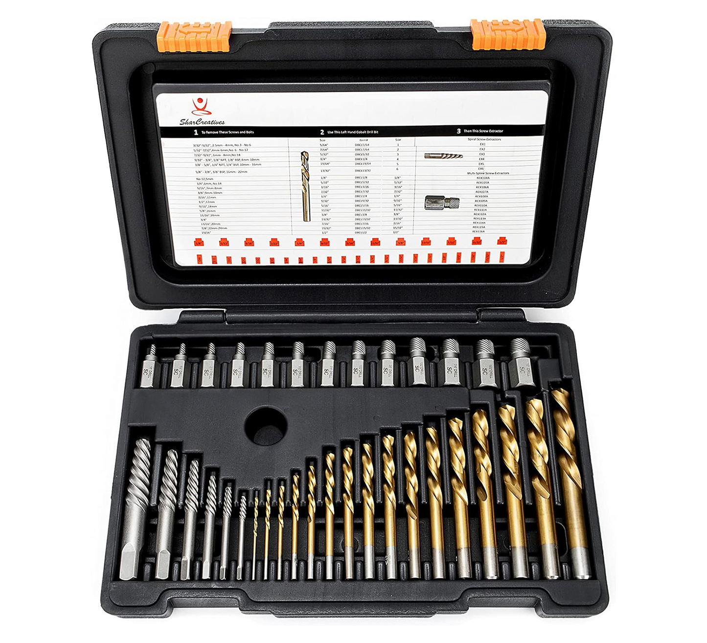 SharCreatives 35-Piece Screw Extractor and Drill Bit Set, Drill Bits and Multi-spline Extractors for removing tricky, stripped. damaged, broken screws, bolts, studs, fittings and more.