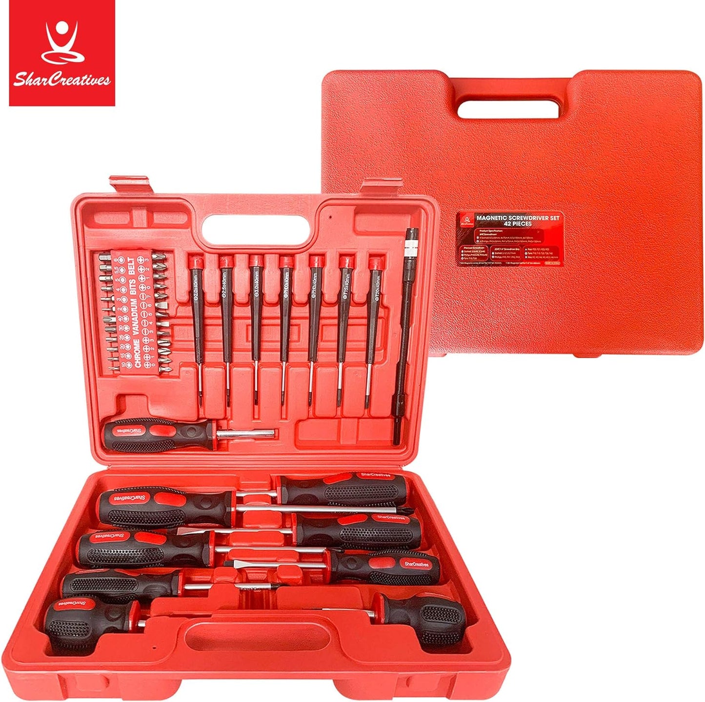 SharCreatives 42 Pieces Precision and Regular Magnetic Screwdriver set in a Professional Heavy Dutty Plastic Case, Phillips, Slotted, Torx, Hex, Pozidriv and Precision Screwdrivers in the set