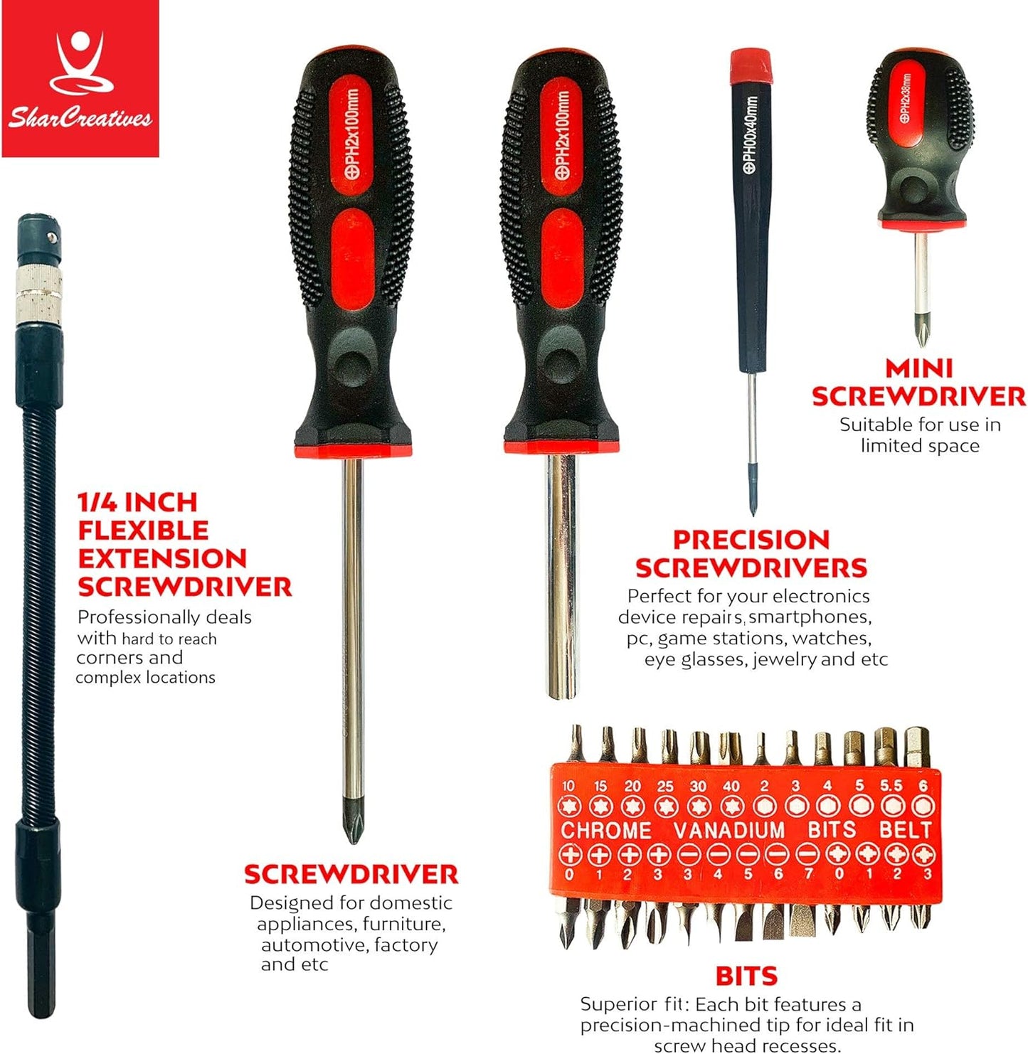 SharCreatives 42 Pieces Precision and Regular Magnetic Screwdriver set in a Professional Heavy Dutty Plastic Case, Phillips, Slotted, Torx, Hex, Pozidriv and Precision Screwdrivers in the set