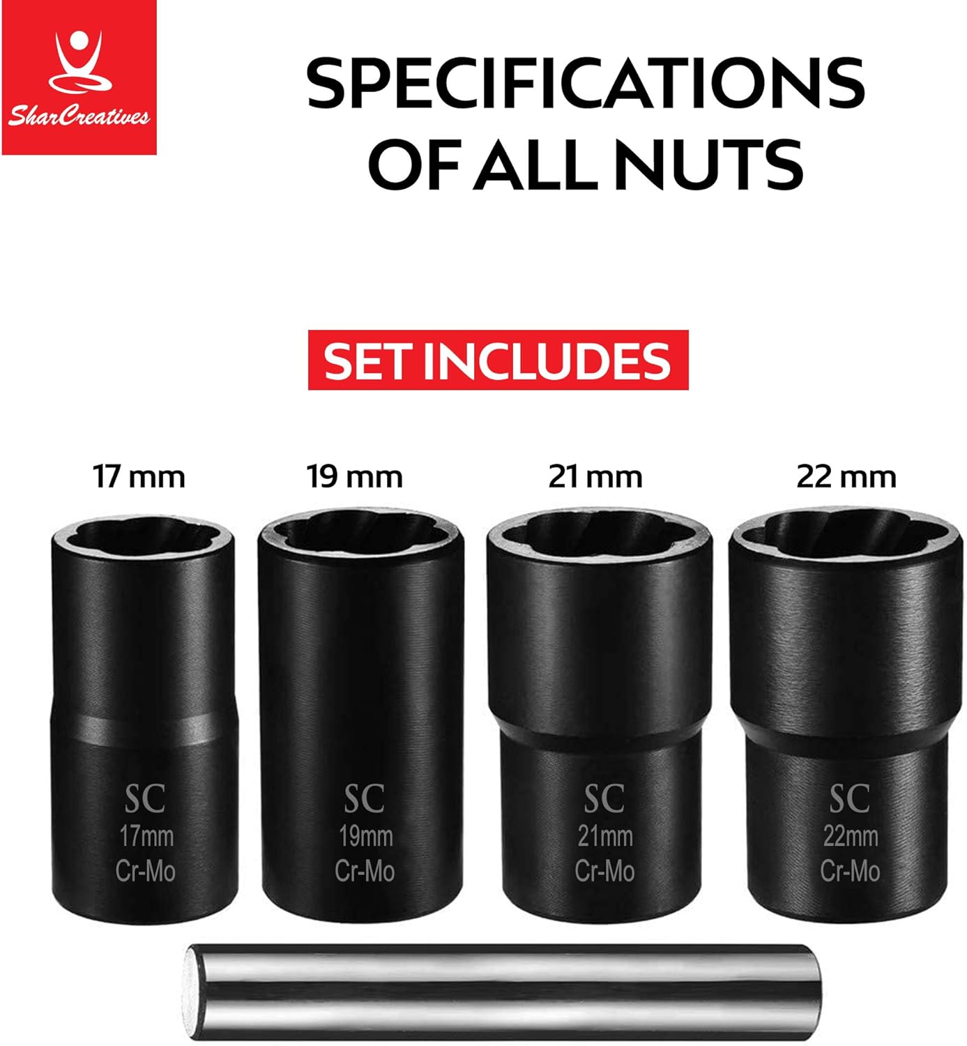 SharCreatives Metric Twist Socket Set 5 pieces Lug Nut Extractor and Bolt Extractor Twist Socket Set with Metal Rod for Removing Tricky, Broken, Stripped or Damaged Lug Nuts and Bolts 1/2 inch drive