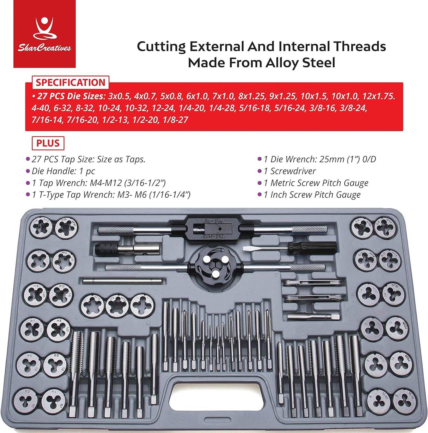 SharCreatives 60 Piece Metric & SAE Threading Tap & Die Tool Set Coarse and Fine Threads for Threading and Re-threading with Accessories and Storage Case