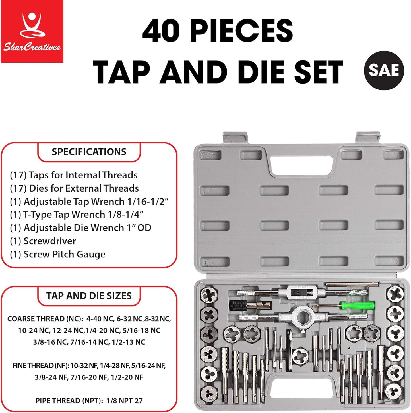 SharCreatives 40 Piece SAE Threading Tap & Die Tool Set Coarse and Fine Threads for Threading and Re-threading with Accessories and Storage Case