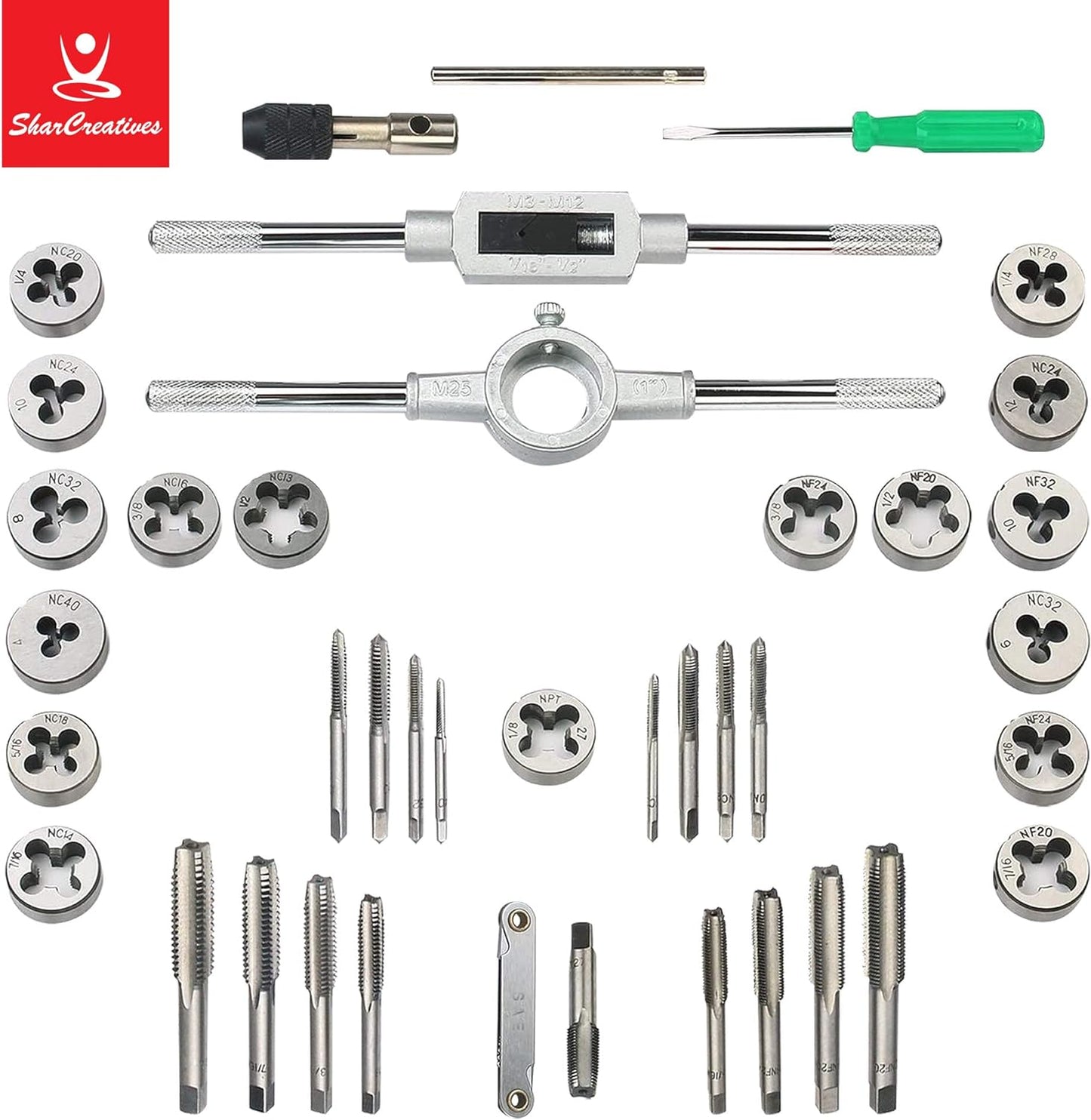 SharCreatives 40 Piece SAE Threading Tap & Die Tool Set Coarse and Fine Threads for Threading and Re-threading with Accessories and Storage Case